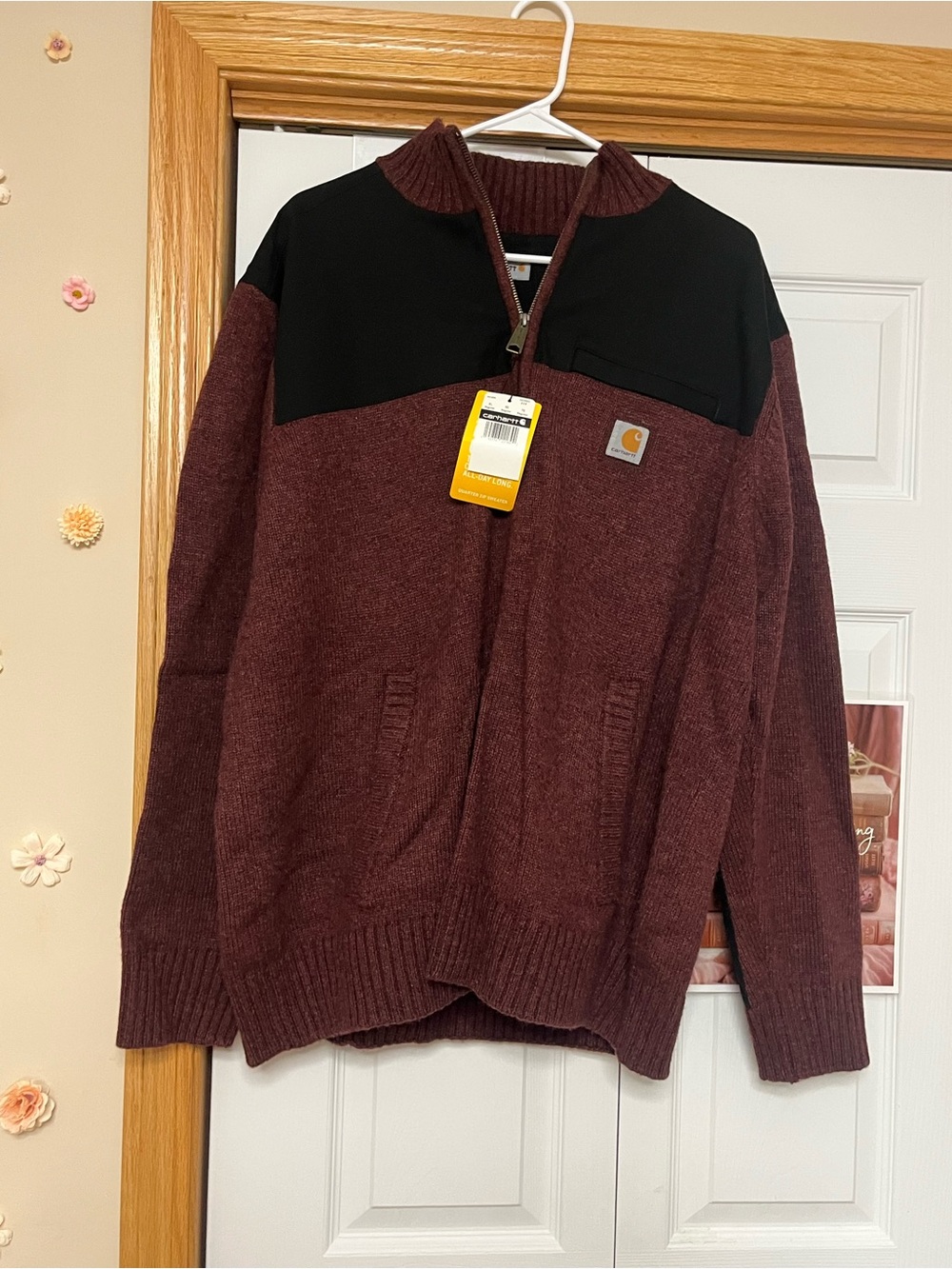 Carhartt Men's Maroon Zip-Up Sweater with Black Yoke